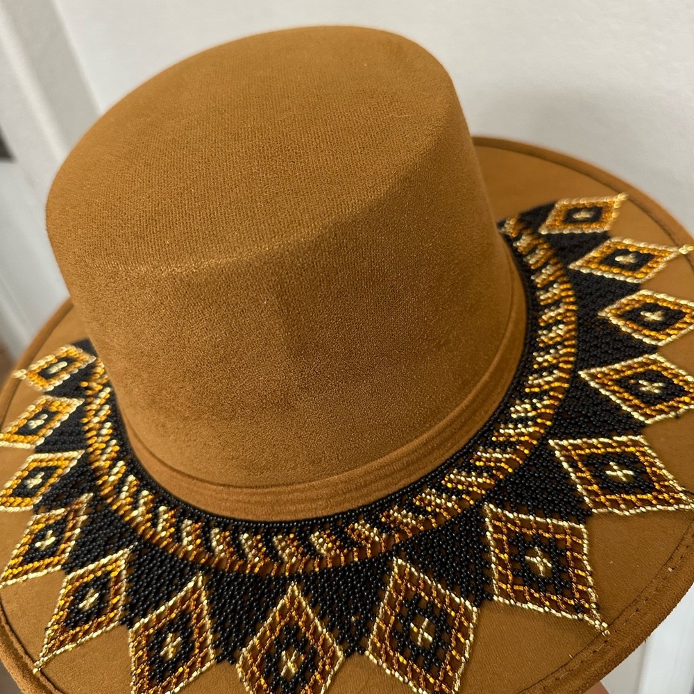 Brown hat with beats mexican design hand made